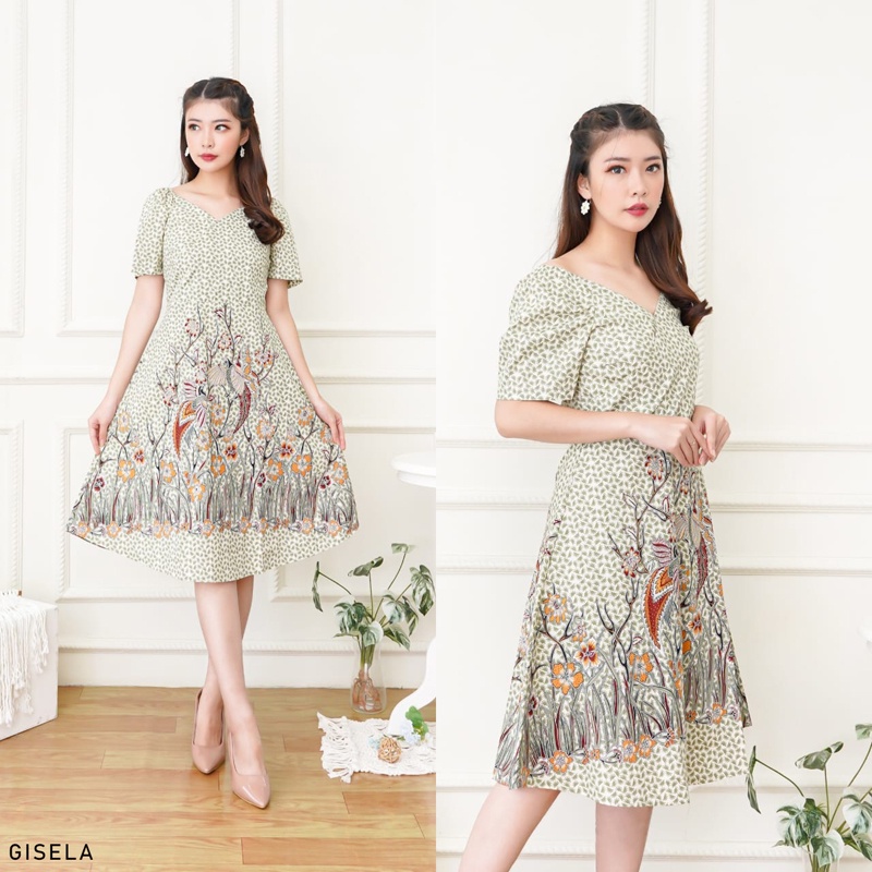 Gisela Dress Batik Wanita Sabrina Dress Wanita Batik Modern Gaun Pesta Aline Terusan Kebaya Seragam 