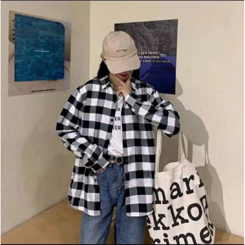 G108 Kemeja Jumbo Kotak Wanita Keren Baju Atasan Cewek Korea Cantik Bhn Katun All Size