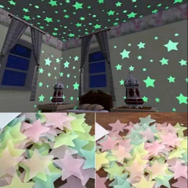 Stiker glow im dark isi 100 biji/ Stiker bintang/ hiasan dinding