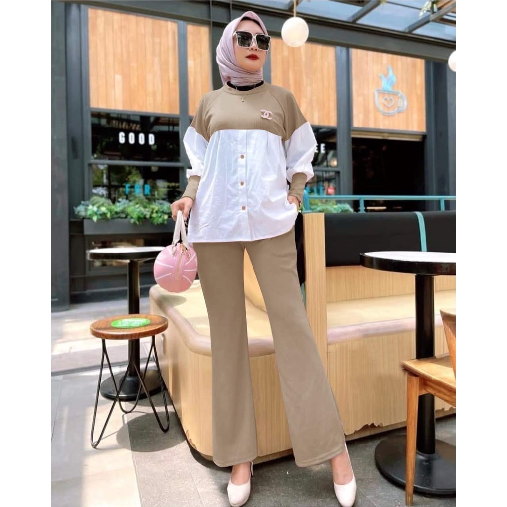 ELDE 12 - SET KNIT ISYANA ( L - XL - XXL ) BAHAN KNIT MANGO IMPORT KOMBI CREPE LD 104CM PJG 66CM BAWAH ADA KANCING VARIASI + CELANA PINGGANG KARET LP MAX 98CM PJG 87CM ADA SAKU KANAN DAN KIRI