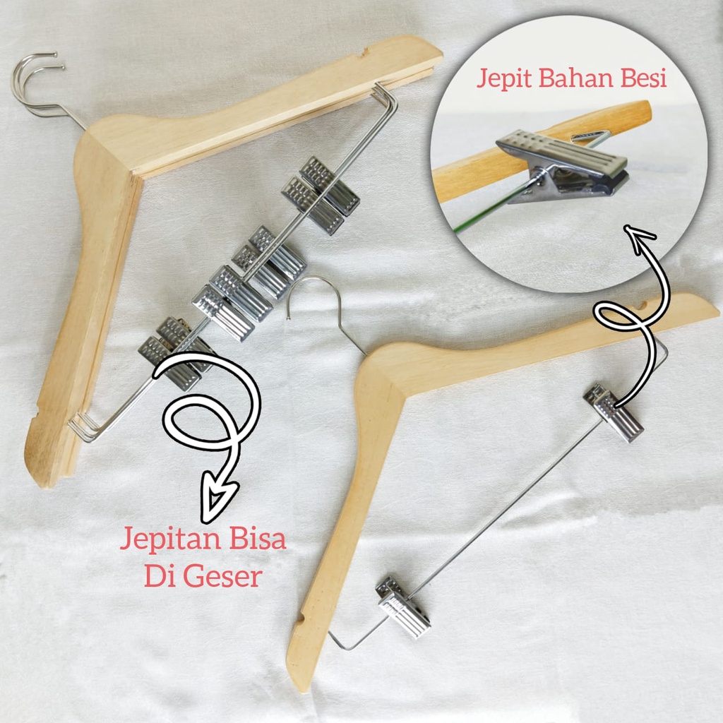 Hanger Kayu Jepit Besi Premium Celana Rok Warna Natural/Putih Gantungan Baju Distro Butik Celana Rok Jepit Besi-BH