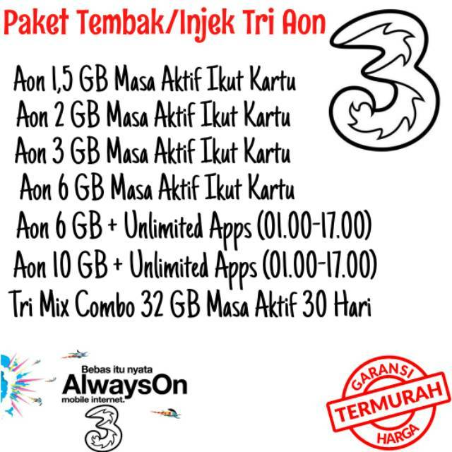 Paket Kuota Tri Aon Injek &amp; Tri Mix Combo 32 GB Injek Murah