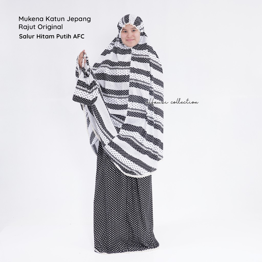 Mukena katun jepang jumbo Ori salur hitam Putih polkadot / Mukena Dewasa Motif Terbaru /Mukena Bagus