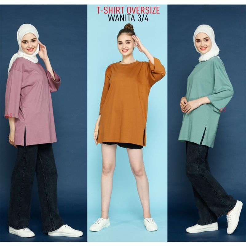 KAOS POLOS OVERSIZE HIJAB WANITA TANGAN 3/4 BAJU OVERSIZED COTTON COMBED 24S BIG SIZE BEST SELLER