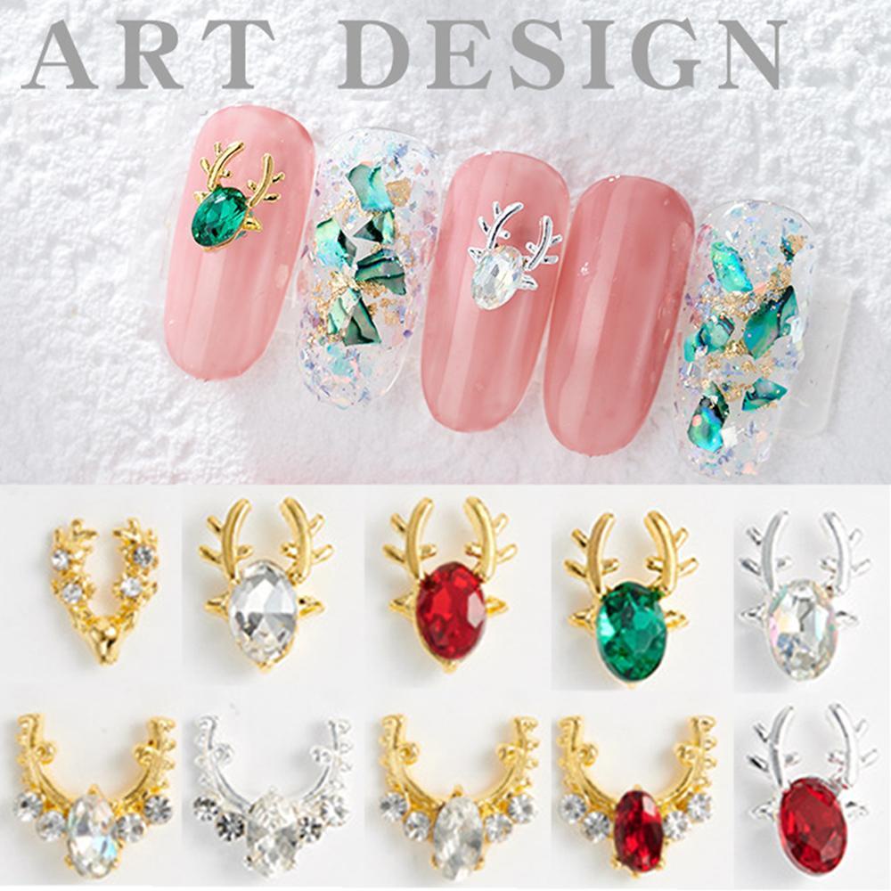 Mxbeauty 10Pcs / Lot Hiasan Kuku 3D Bentuk Tanduk Rusa Aksen Kristal + Berlian Imitasi Untuk Nail Art