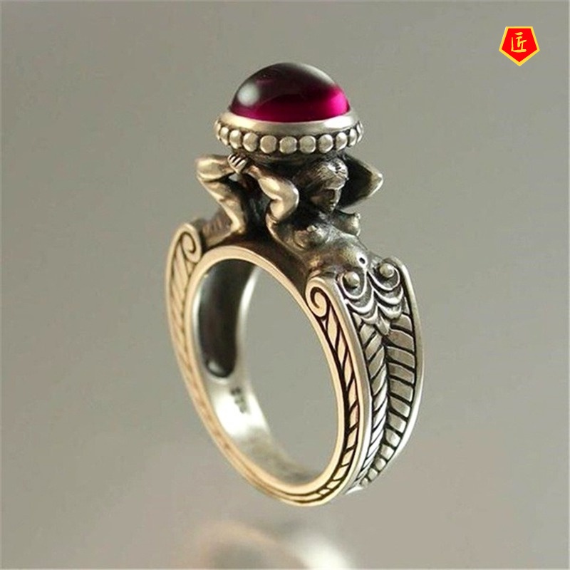 [Ready Stock]Mermaid Ruby Ring Europe and America Creative 925 Vintage Silver Ring