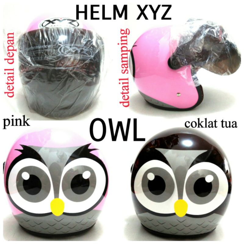 HELM XYZ ORIGINAL + KACA ALL SIZE GLOSY MOTIF OWL LUCU WARNA PINK DAN COKELAT TERBARU