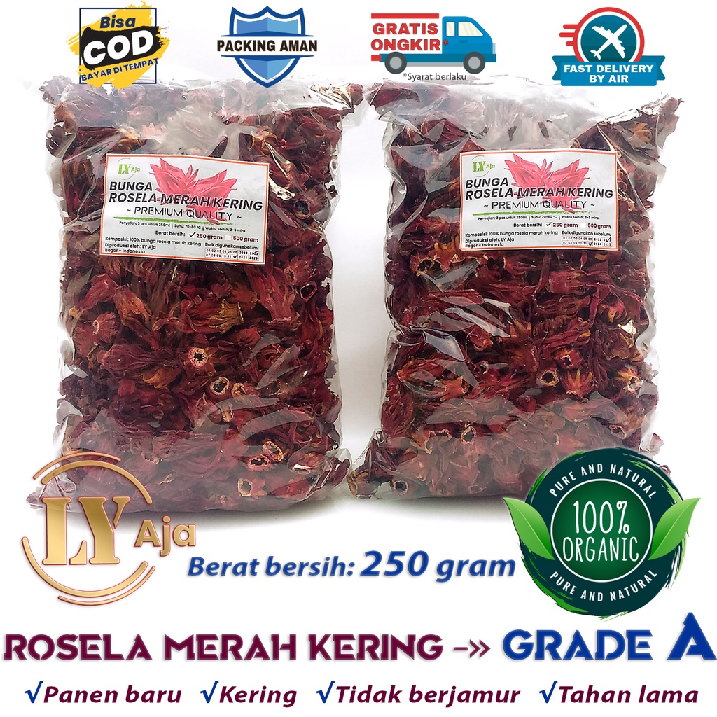 Teh Bunga Rosela Merah dan Ungu Kering 250 Gram Rosella Roselle Grade A Premium LY Aja 250 Gr Herbal Pelangsing Diet