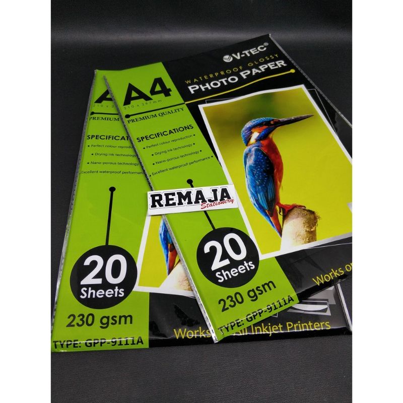 

Kertas foto / photo paper Glossy A4 230gr V-tec /pack isi 20lbr