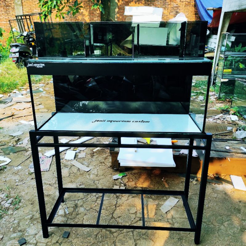 aquarium 100x40x40 8mm stiker oracall set top filter kaca & tutup