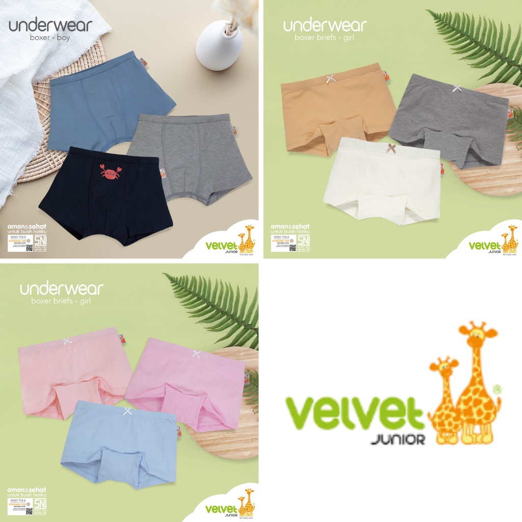 Velvet Boxer Segiempat isi 3 Solid - Celana Dalam Anak Size SML