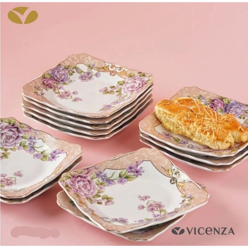 Vicenza 1 Lusin Piring Kotak Kecil B423 motif Lily/Padi/Camelia/Magnolia/Mawar/Melati