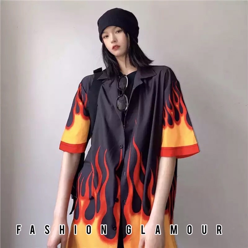 KEMEJA IMPORT PRIA WANITA ASIA EROPA KOREA BTS AMERIKA RETRO FLAME API OVER SIZE