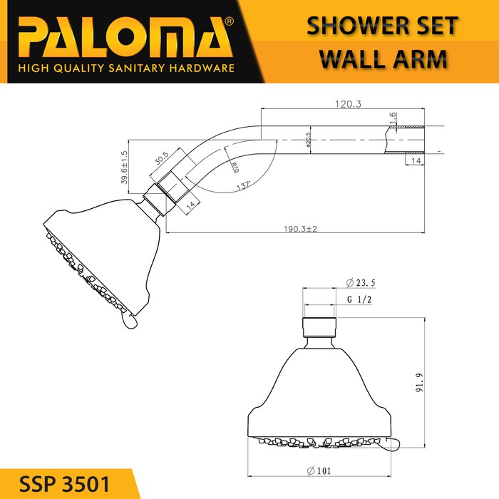 PALOMA SSP 3501 Shower Set Wall Tanam Mandi Head Kepala Tembok Paket