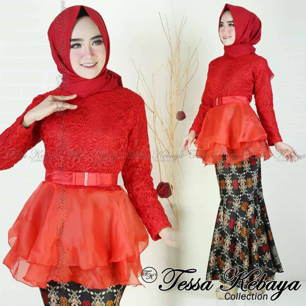 Kebaya Brokat Organza / Set Brukat Organza / Kebaya Modern / Kebaya Brokat Merah Cabe