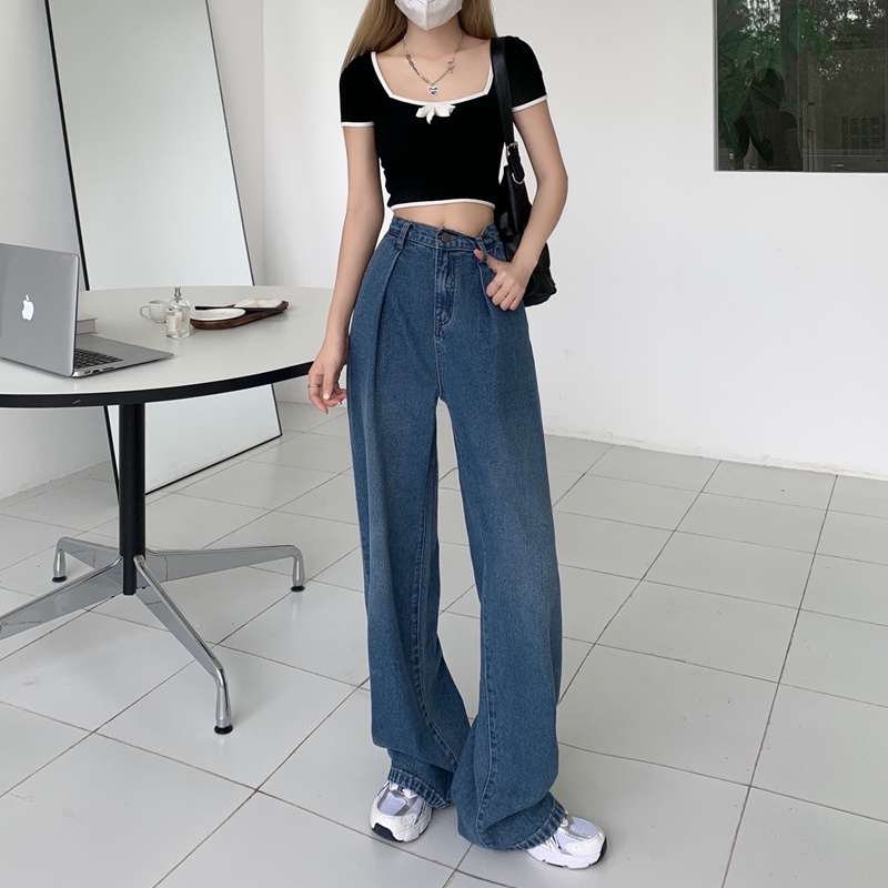 New biru laut high waist murah celana jeans panjang wanita boyfriend kulot