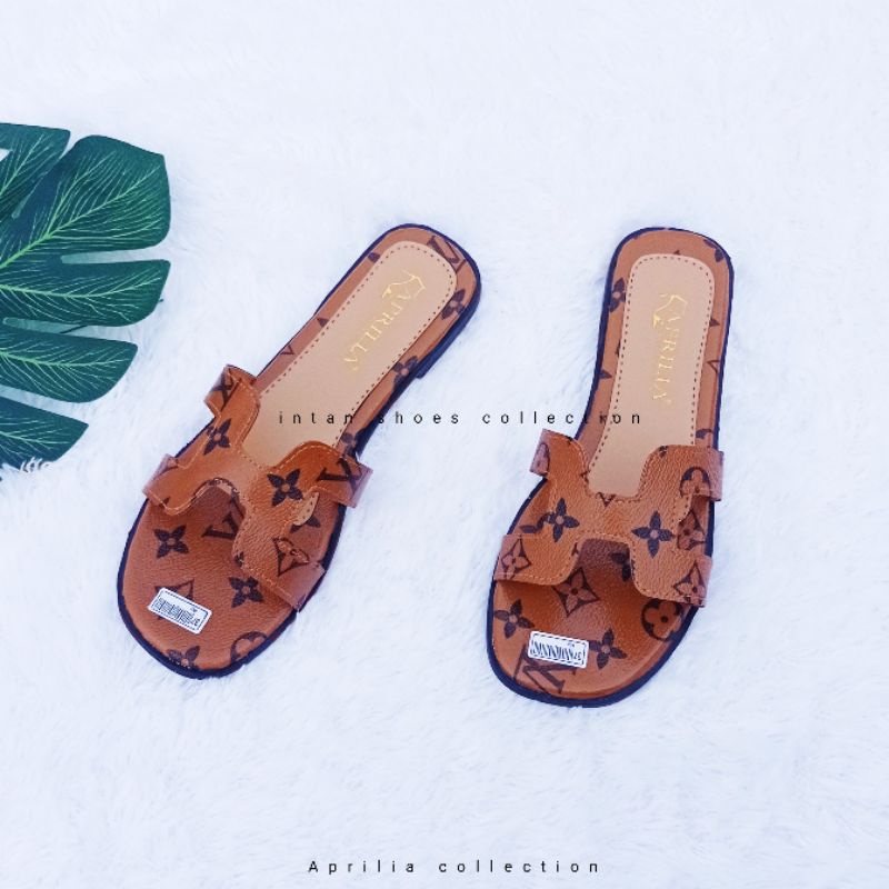 Sandal teplek selop remaja motif lv /sendal selop wanita ermes H motif LV/sandal teplek wanita remaja murah bisa cod