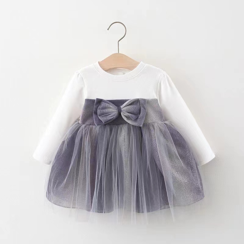 KF CAT Dress Anak Perempuan Gaun Tutu Pesta Ulang Tahun Pita Manis  Lengan Panjang Korea Fashion Trendy Import 6 Bulan-3 Tahun-4