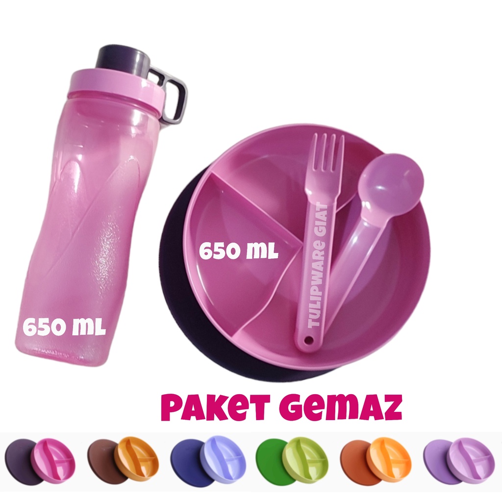 Twin Tulipware PAKET BEKAL SEKOLAH GEMAZ Wadah Bersekat Sendok Garpu Botol Minum Tulipware Kita