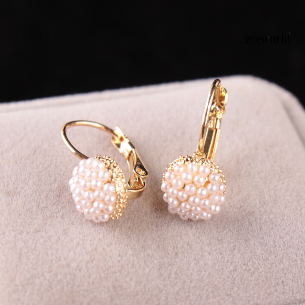 OW@ Fashion Women Round Faux Pearl Charm Leverback Earrings Piercing Jewelry Gift