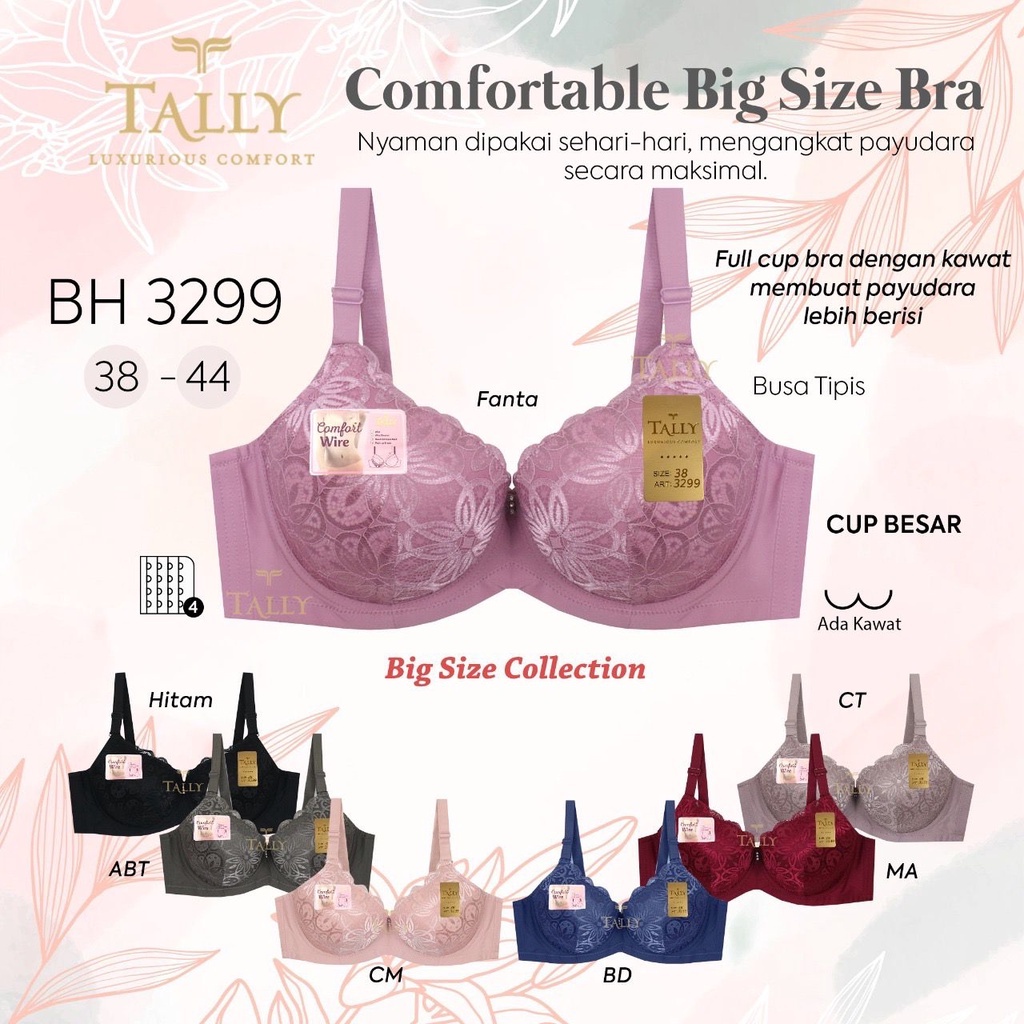 TALLY BRA BH JUMBO 3299 I ADA KAWAT I BUSA TIPIS I CUP D I SIZE 38-44