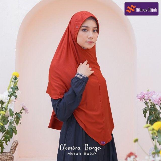 CLEMIRA BERGO SET NIBRAS HIJAB+MASKER-Merah bata