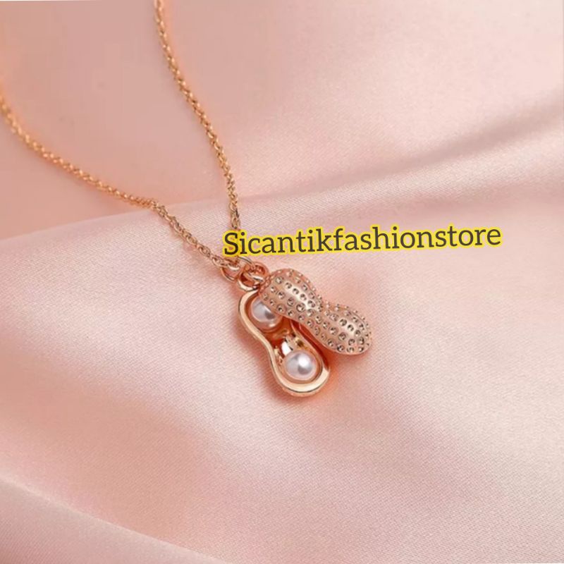 Kalung Titanium Liontin Motif Kacang Rose Gold Fashion Wanita Terlaris Anti Karat Kalung Wanita Gold