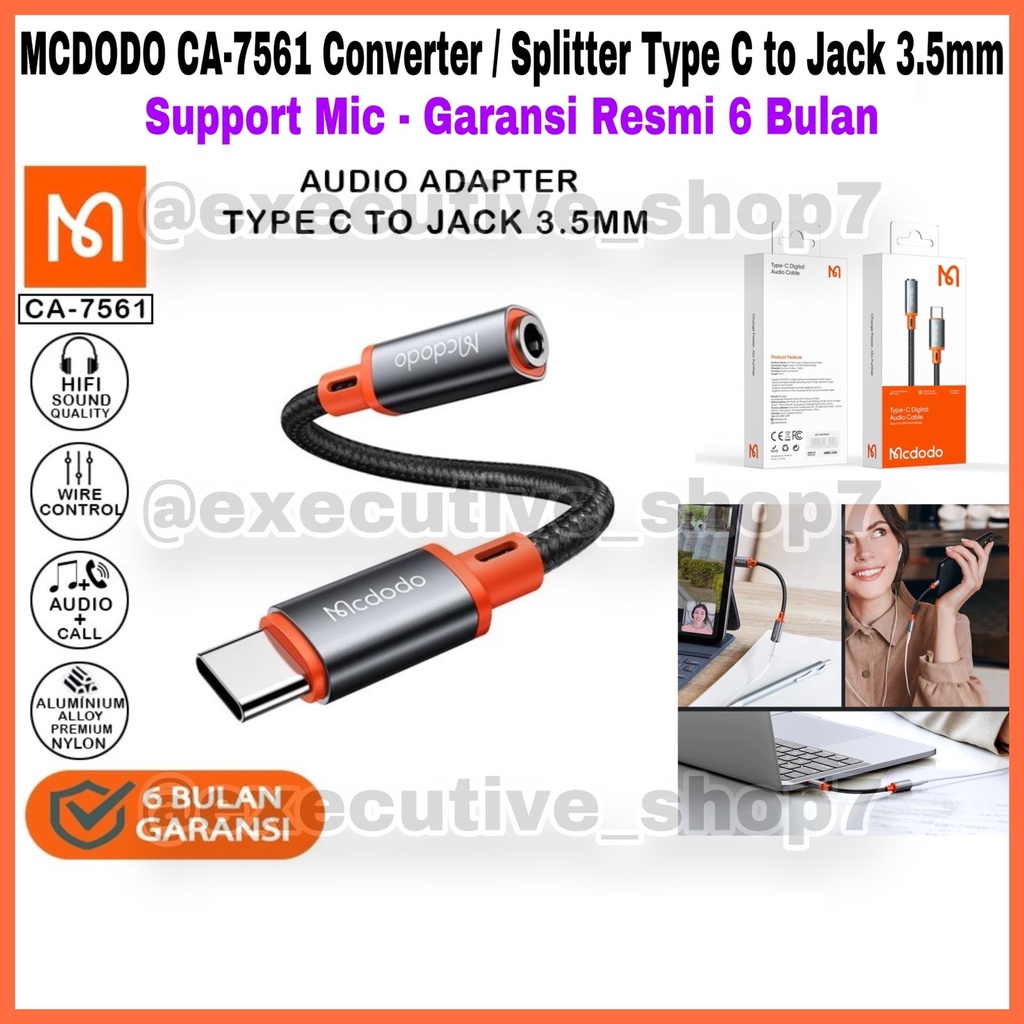 MCDODO CA-7561 Converter / Splitter Type C to Jack 3.5mm - Support Mic Garansi Resmi 6 Bulan