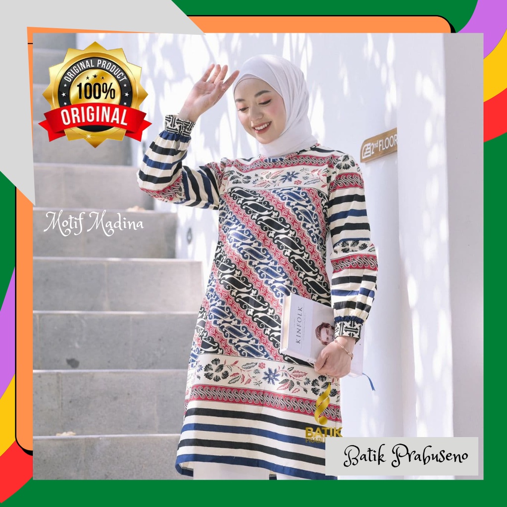 Madina Tunik Batik Wanita Lengan Panjang Original Asli Batik Prabuseno Solo Baju Atasan Batik Wanita