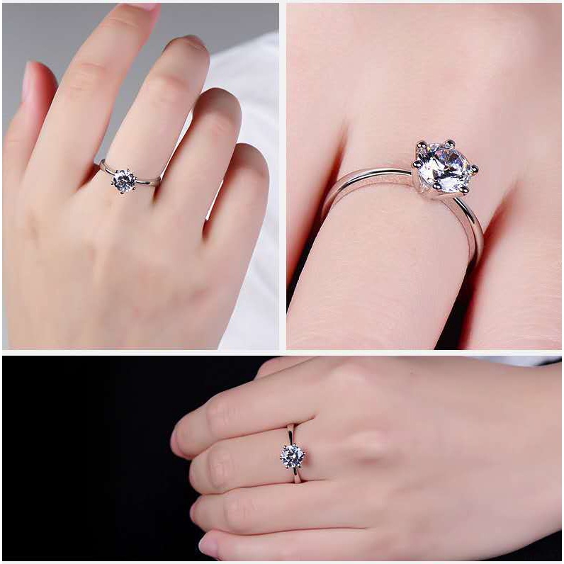 Cincin 1 Karat 925 Silver Sterling Simple Elegan Dengan Kristal  Berlian Imitasi Untuk Wanita Cincin Berlian HadiahTerbaik 816C1#