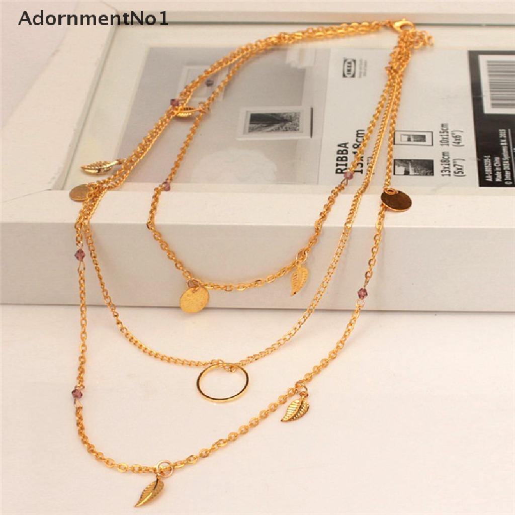 (AdornmentNo1) Kalung Rantai Multilayer Gaya Bohemian Motif Daun Aksen Kristal Untuk Perhiasan Wanita