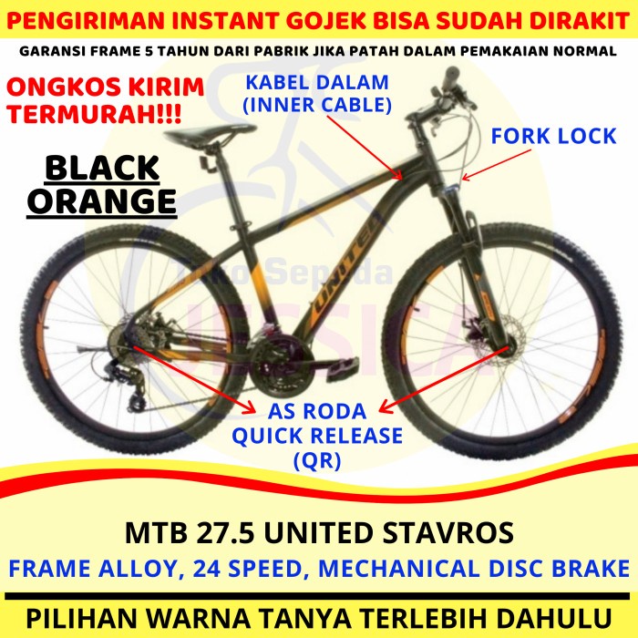 KHUSUS GOJEK / GRAB Sepeda Gunung MTB 27.5 United Stavros - BLACK ORANGE