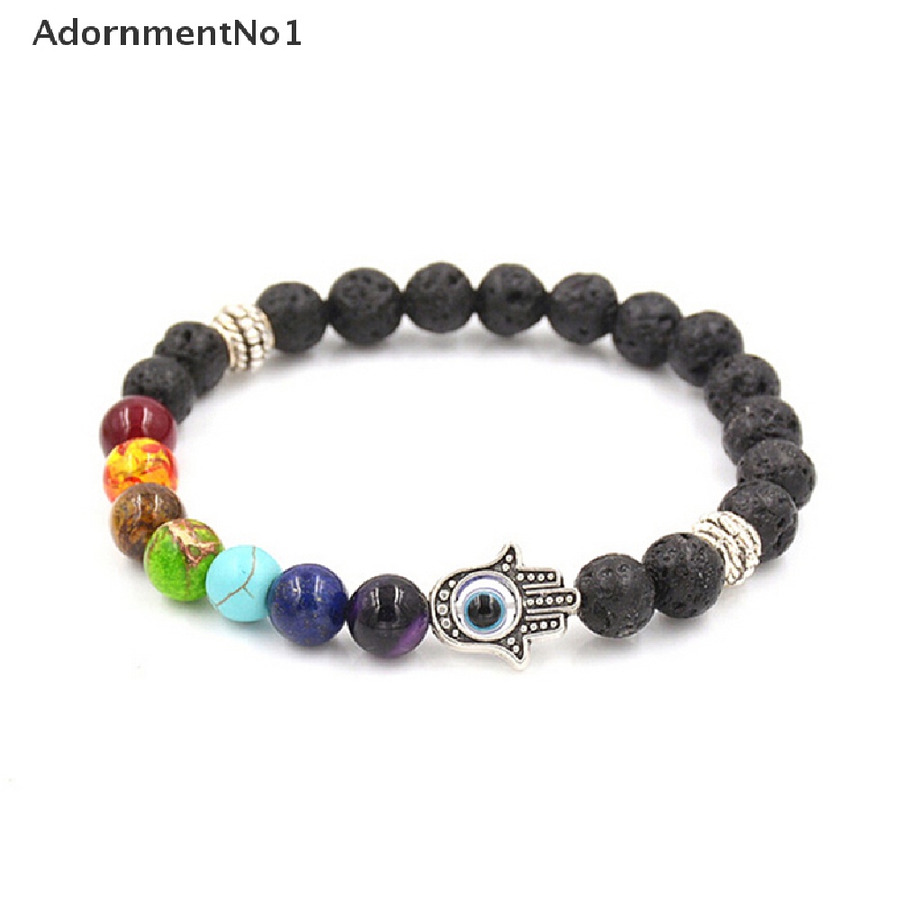 (AdornmentNo1) Gelang Tangan Batu Lava Aksen Tangan Hamsa + Kristal + Chakra Untuk Penyembuhan Reiki