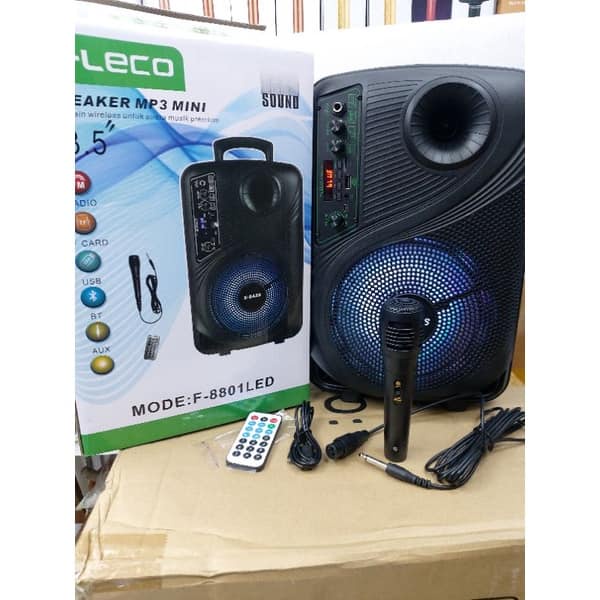 Speaker Bluetooth Karaoke Fleco F-8801 LED 8,5 Inch Gratis Microphone+Remote Super Bass