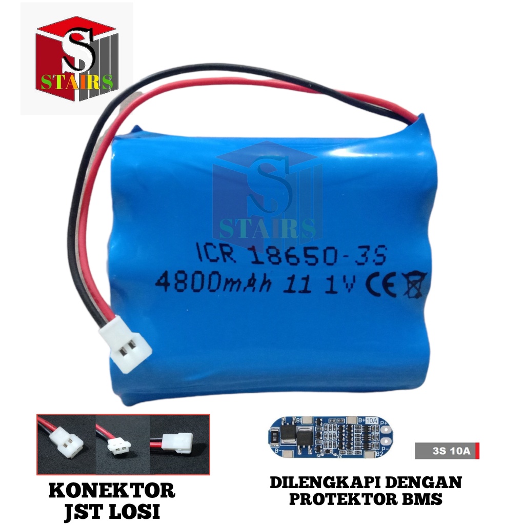 Baterai Mainan Remot Control / RC 3X 18650-3S 4800mAh 11.1V Protektor BMS 10A Konektor JST LOSI