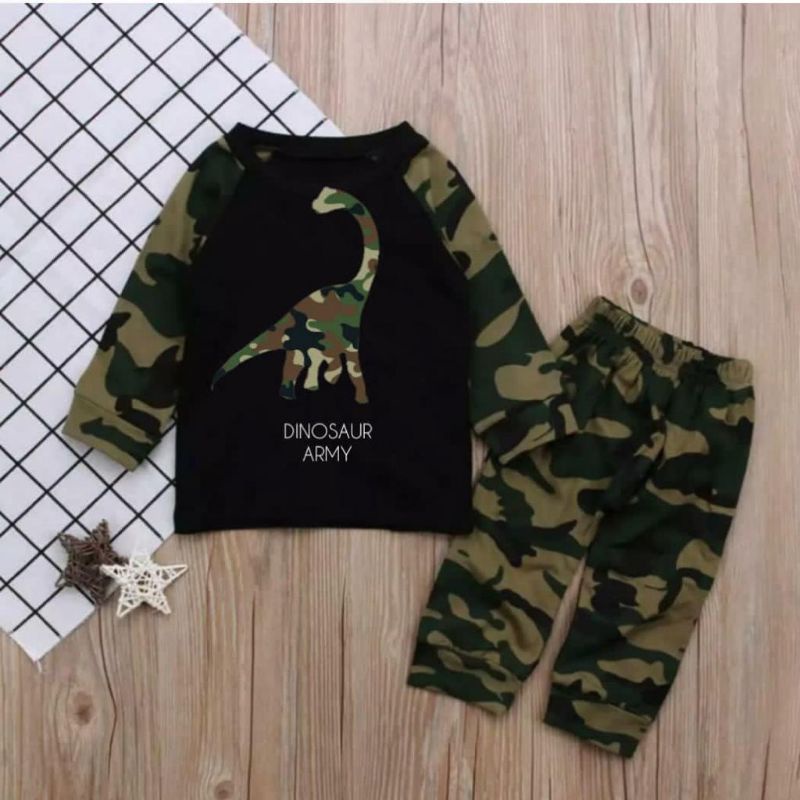 Baju setelan anak Dino army panjang 1-5 thn/baju anak laki laki baju anak perempuan atasan anak termurah /pakaian anak terlaris