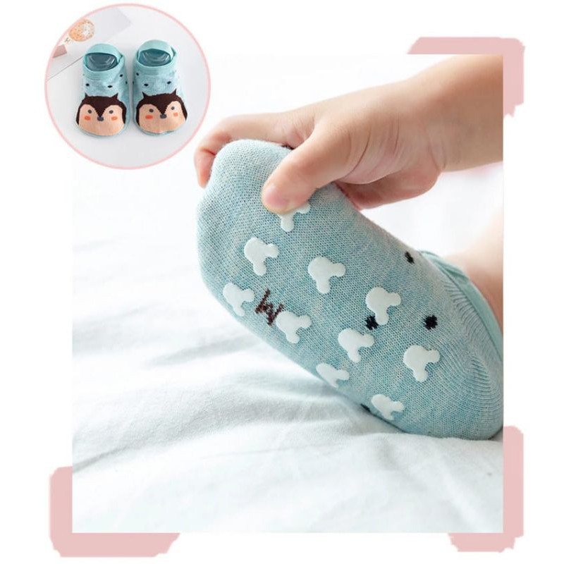 1234OS - Kaos Kaki Ankle Dengan Strap Motif Kartun Hewan Bahan Katun Anti Slip untuk Bayi.