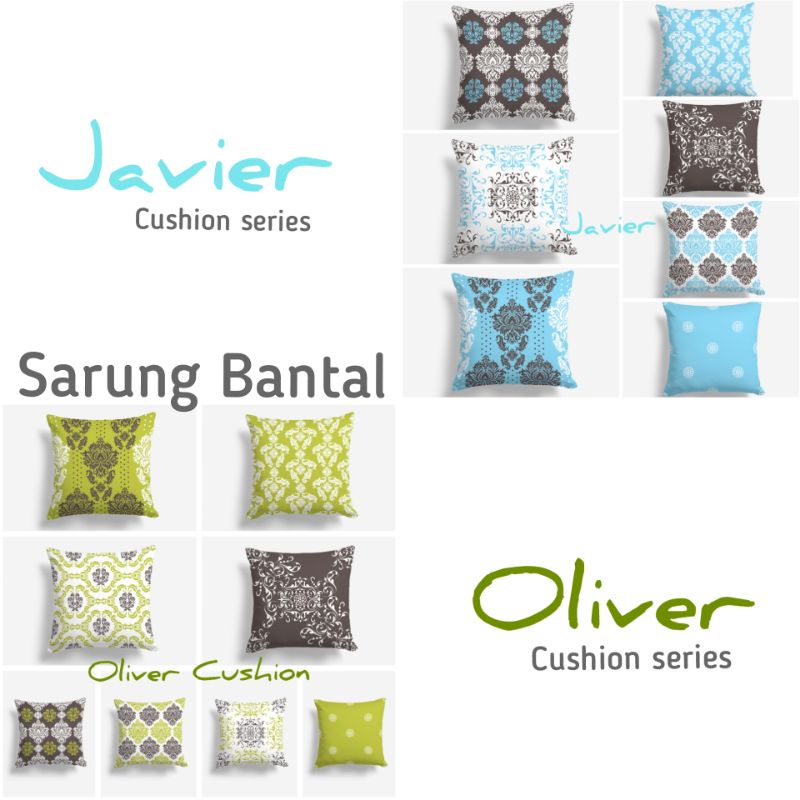 SARUNG BANTAL SOFA PRINT MOTIF OLIVER &amp; JAVIER SERIES HIJAU BIRU ABU 40X40 CM