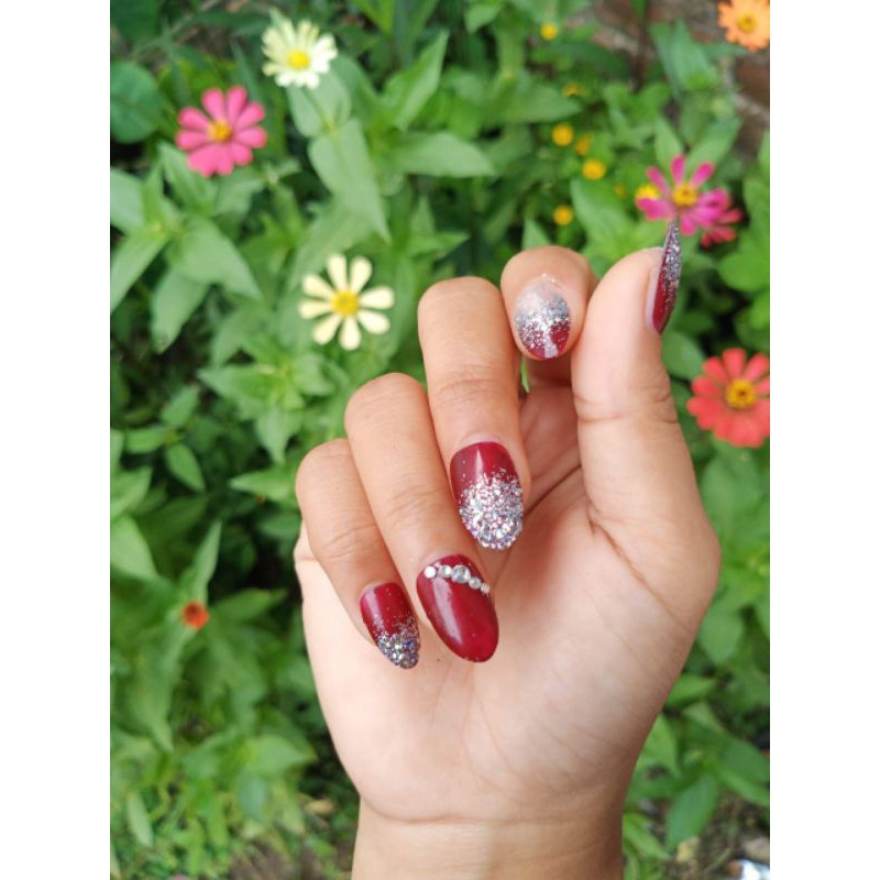 Kupal wedding merah maroon / Kuku Palsu Wedding 3D