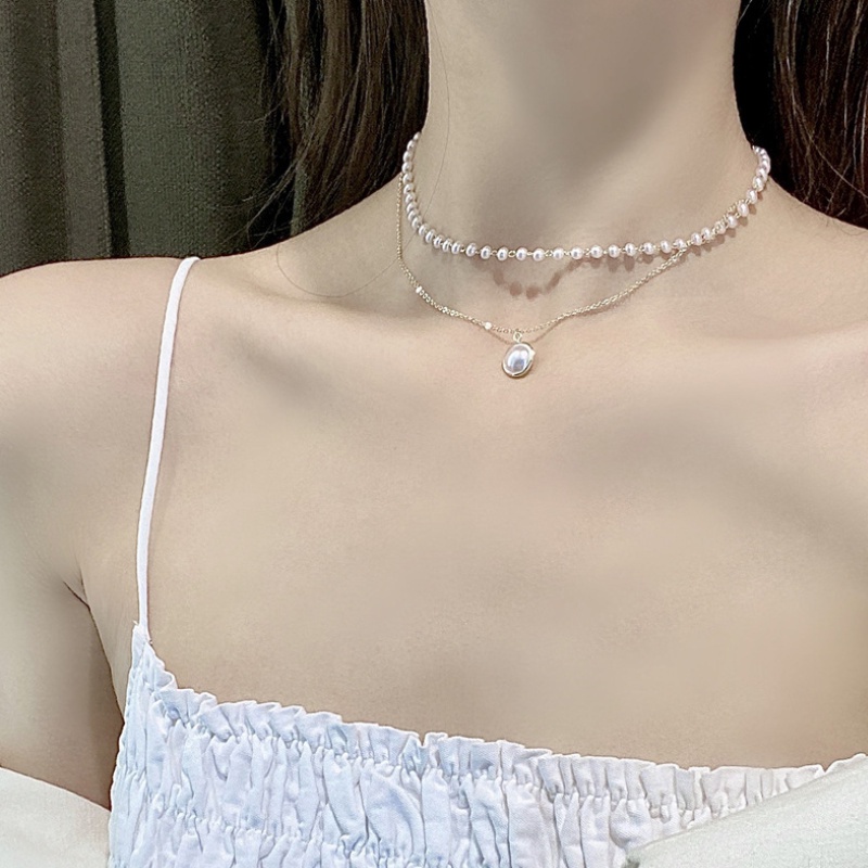 Kalung Rantai Mutiara Double Layer Warna Emas silver Gaya Korea Untuk Wanita