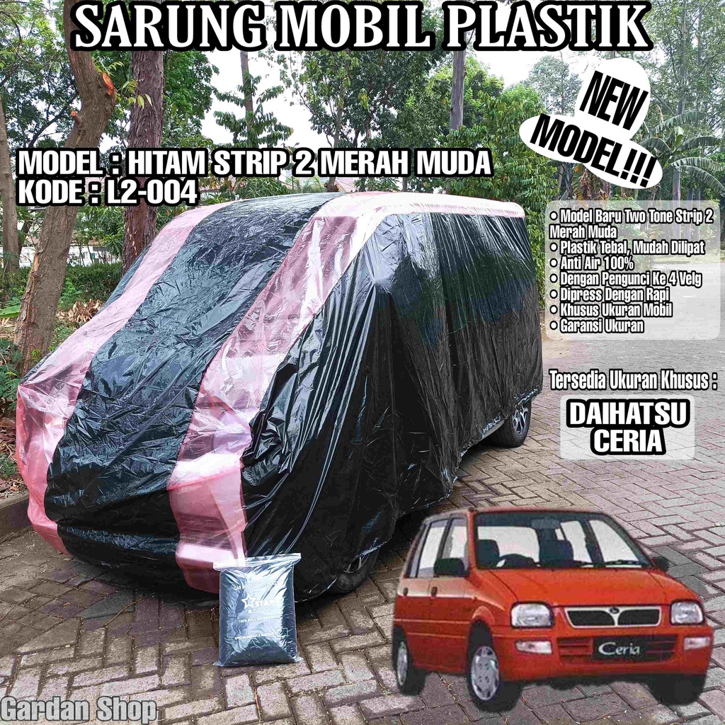 Sarung Mobil Plastik DAIHATSU CERIA Hitam Strip 2 Merah Muda Full Anti Air Full Waterproof