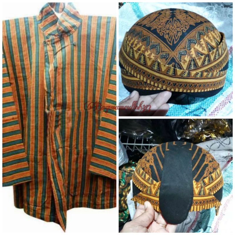 Baju lurik jawa warna hijau coklat gratis blangkon / Set surjan lurik / Baju adat jawa