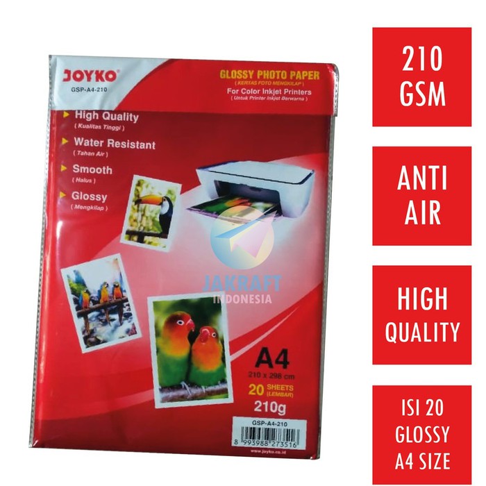 

KERTAS FOTO JOYKO GLOSSY PAPER GSP-A4-210 ISI 20 LEMBAR