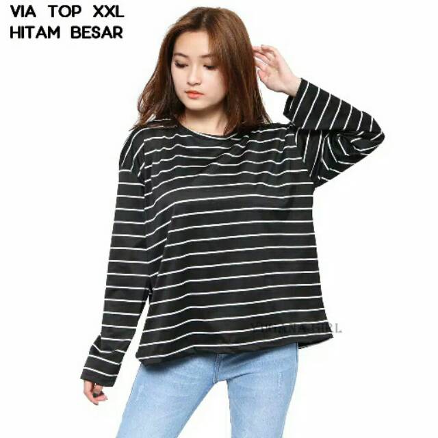 Baju Kaos Jumbo T-Shirt Murah Lengan Panjang Salur Wanita Kekinian
