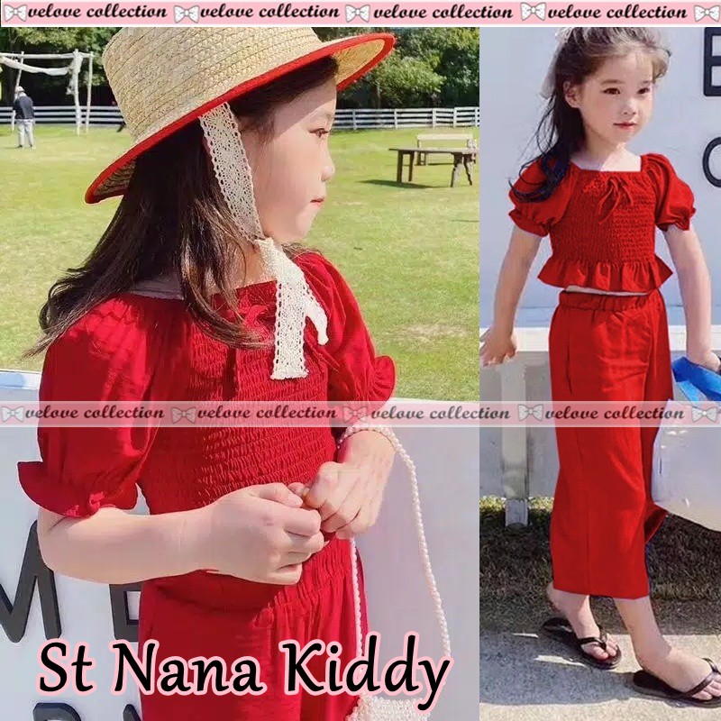 St Nana kids Setelan Chaca Kiddy Sabrina Kerut / Sabrina Serut Anak / Atasan Anak Perempuan / Blouse Korean Style + Celana denim setelan anak usia 3-5tahun
