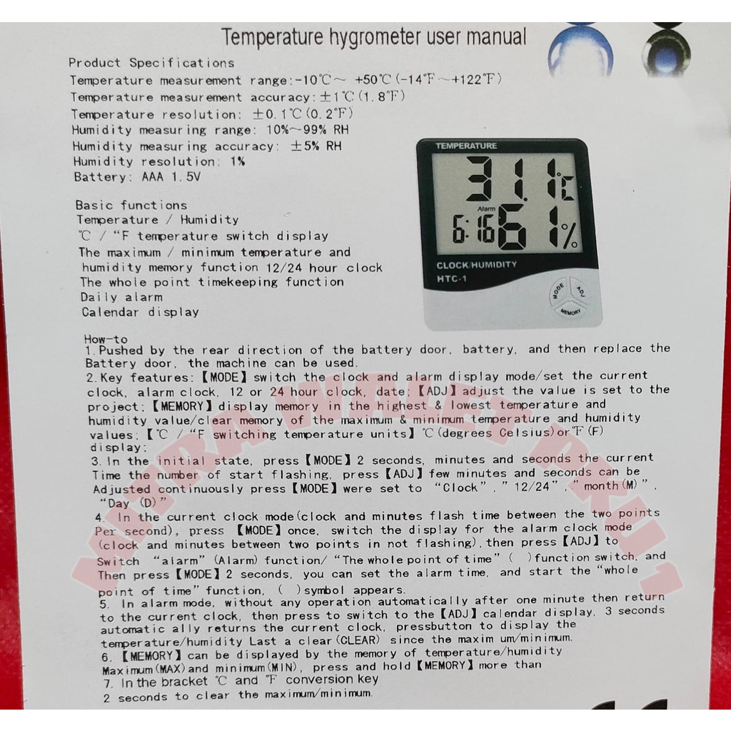 HTC-1 PENGUKUR SUHU RUANGAN FOR TEMPERATURE &amp; HUMADITY METER