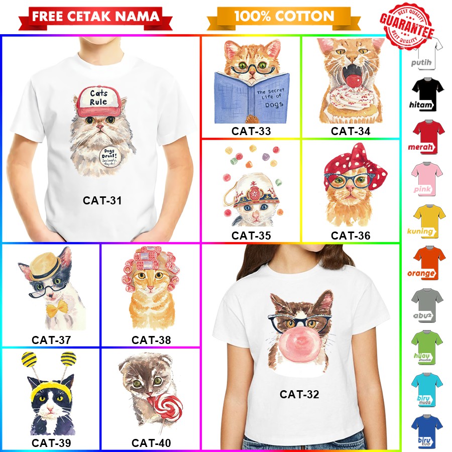 [FREE NAMA!!] Baju Kaos ANAK DAN DEWASA CAT KUCING MEONG BANYAK MOTIF