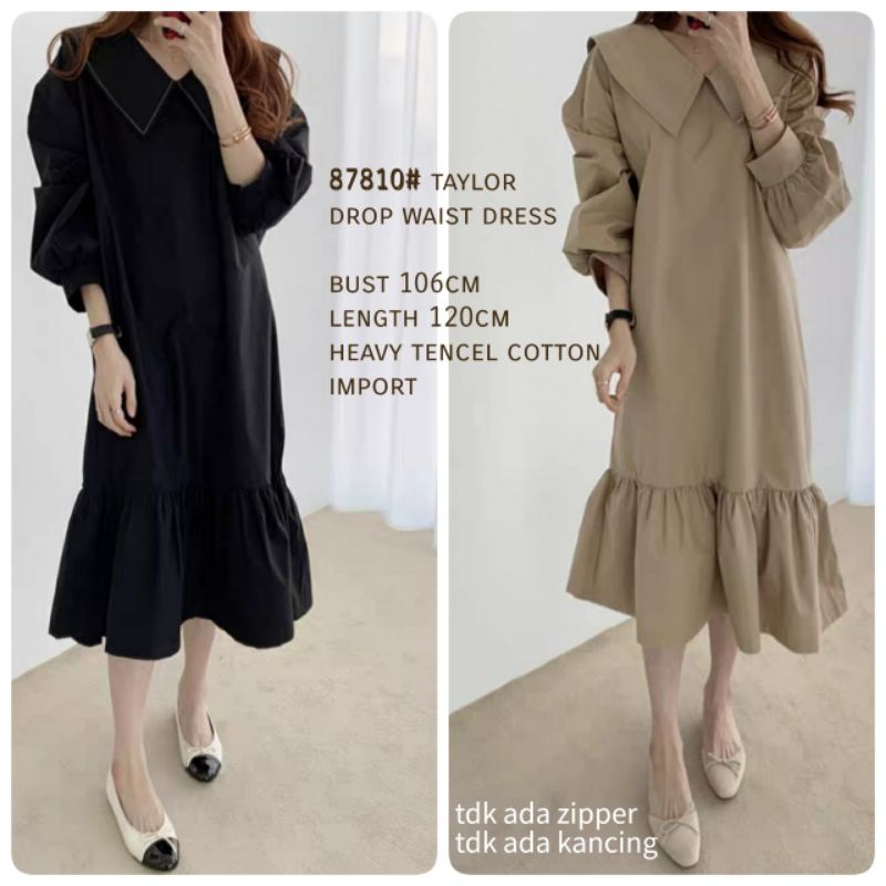 MDLV ~ 87810# Taylor Drop Waist Dress Babydoll Long Dress Korea Dress Casual Dress Premium Fashion Import