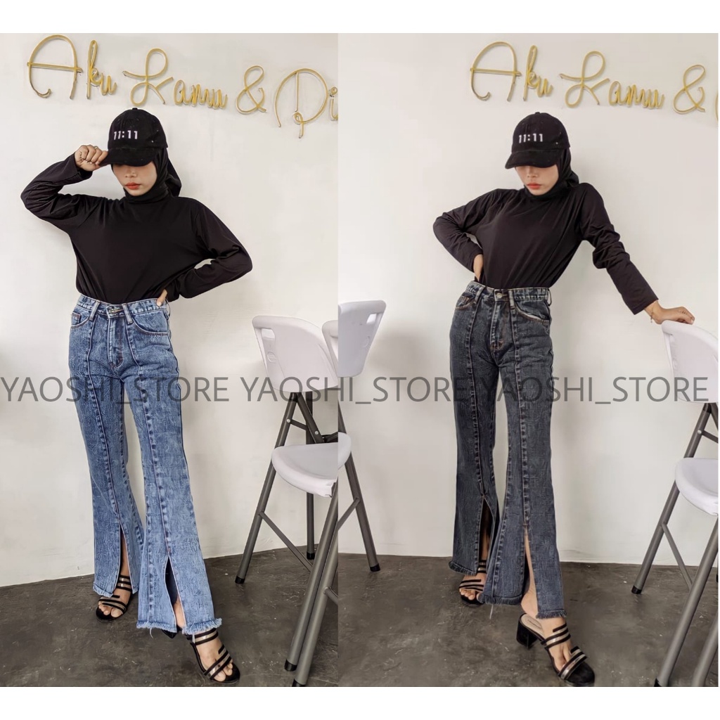 YAOSHI - Elina Cutbray Jeans Snow / Jeans Cutbray Pinggang Tinggi / Celana Jeans Pinggang Tinggi Wanita Cutbray 27-34