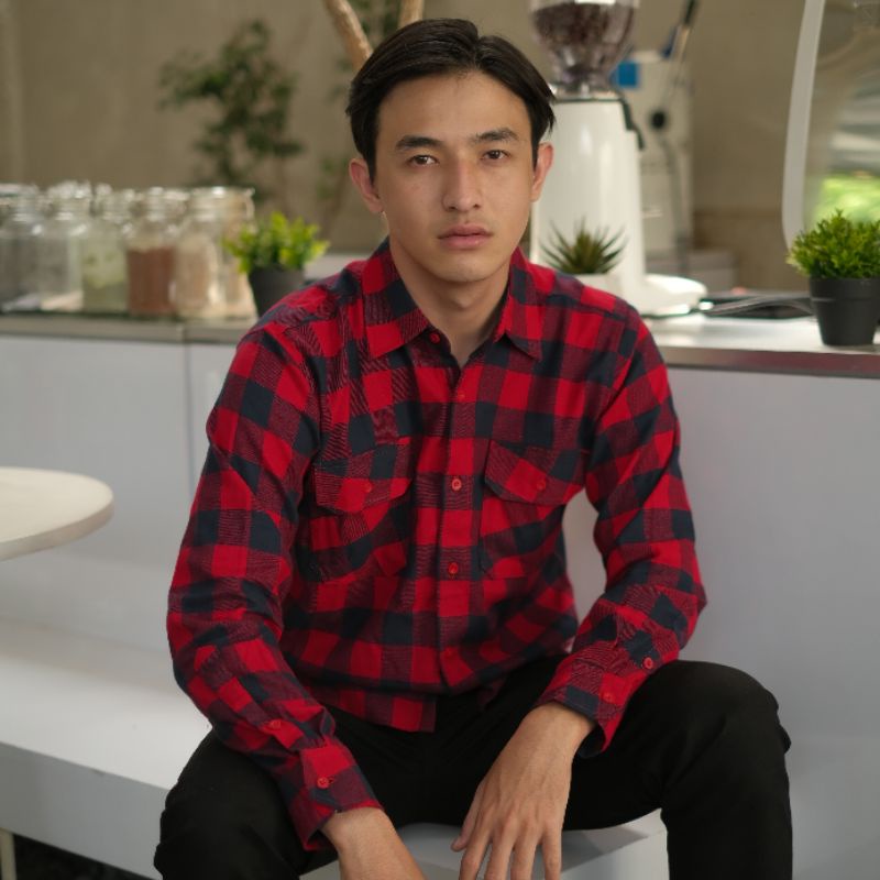 Kemaja Pria Lengan Panjang Flanel Motif Kotak-kotak Gaya Retro